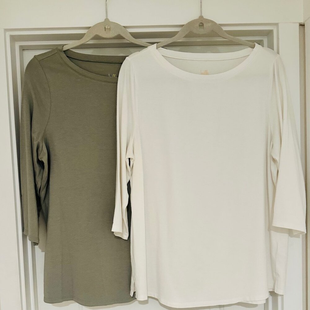 Belle by Kim Gravel 2-Piece Knit Top Set Olive Ivory Cotton Modal Stretch